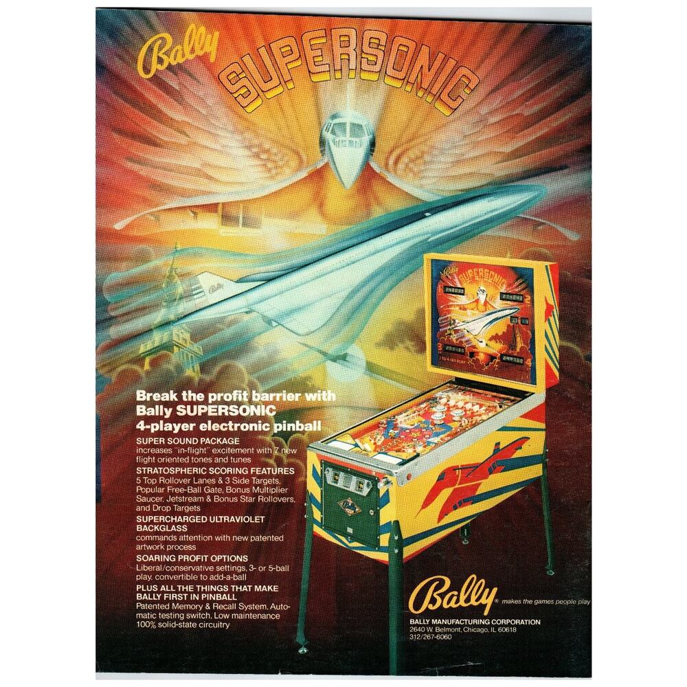 Bally Supersonic Pinball Machine Ad 1980s Arcade Gaming Star Fire Video Game